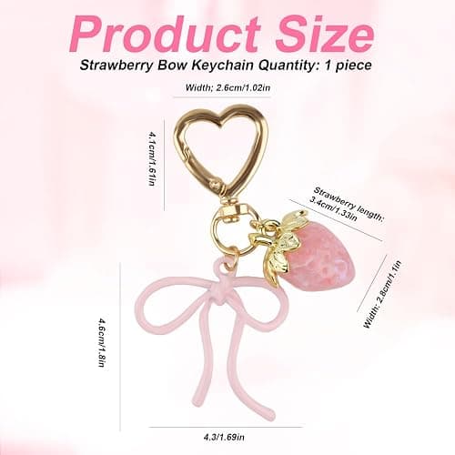 Mikovivi Strawberry Keychain with Bow, Kawaii Bow Heart Key Chains | Pink Cute Strawberry Bag Charms for Purse Backpack Handbag thumbnail 2