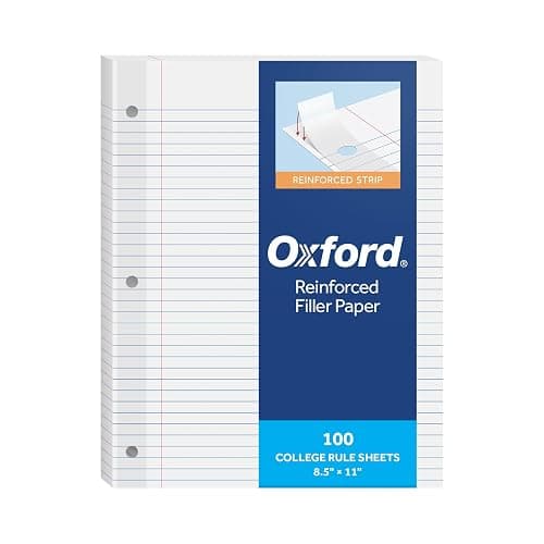 Oxford Reinforced Filler Paper, 8.5 x 11 Inch, College Rule, 3 Hole Punched, Lined Loose Leaf Paper for Ring Binders, 100 Sheets, White (1002097) - Image 1