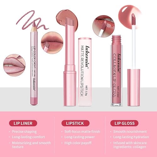 3PCS Lip Liner and Lipstick Combo Set - Matte Lip Liner Pencil, Velvet Matte Lipstick & Hydrating Collagen Lip Gloss - Long-Lasting, Smudge-Proof, High Pigment Nude Pink Lip Makeup Kit (Nude Pink) thumbnail 3