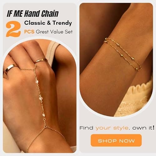 Gold Bracelets for Women, 14k Gold Plated Hand Chain Bracelet, 2 Pcs Ring Bracelets for Women Trendy Dainty Cubic Zirconia Bracelet Ring Bracelet Hand Jewelry Adjustable 6.3'+2' thumbnail 2