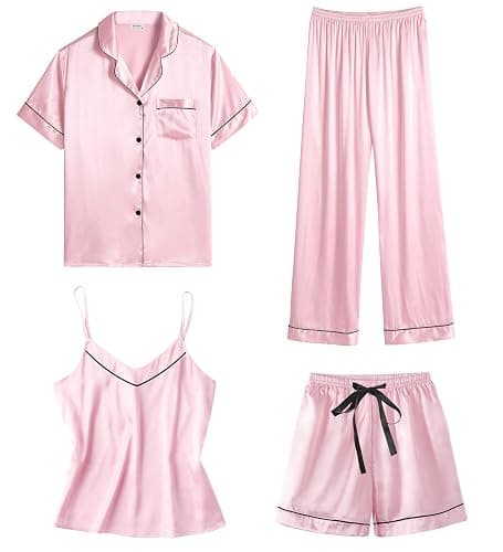 SWOMOG Womens 4pcs Pajamas Sets Short Sleeve Camisole with Button Down Shirt Pjs Silk Satin Sleepwear Loungewear - Image 1