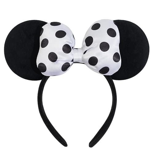 Jeffan Mouse Ear Headband with 3D Cotton Bow, Polka Dot Bow Mouse Party Costume Accessories for Women Girls (Black) - Image 1