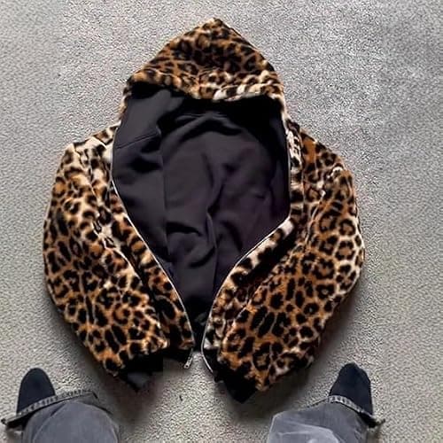 CUTEGAL Leopard Zip Up Hoodie Y2K Jacket Cheetah Print Oversized Streetwear | CUTEGAL,Reversible Style,Soft Fleece Lining,Casual Autumn Outfit,Grunge Fashion Aesthetic thumbnail 5