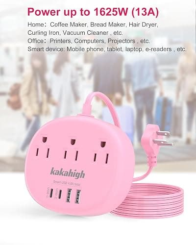 Pink Extension Cord with Surge Protected 1080J - 5 FT Kawaii Power Strip, 1625W Cute Extension Cord with 3 AC Outlet 4 USB (24W/4.8A), Compact for Cute Pink Kawaii Desk Home Essentials thumbnail 5