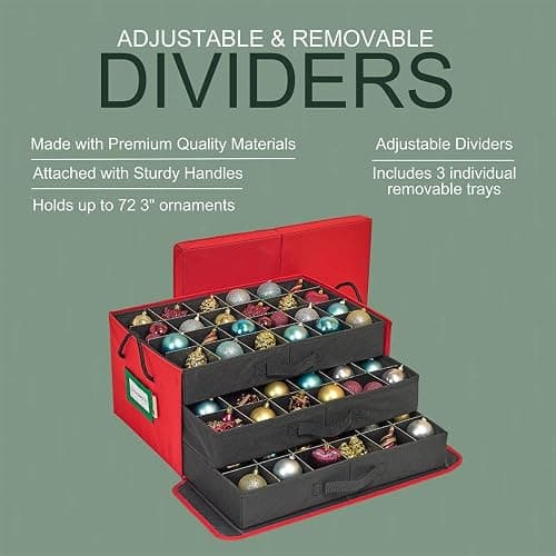 HOLDN’ STORAGE Christmas Ornament Storage Box with Dividers, Holds 72 Ornaments (3 Inch), Large Ball Storage Container with 3 Removable Trays, Durable and Portable - Red thumbnail 7