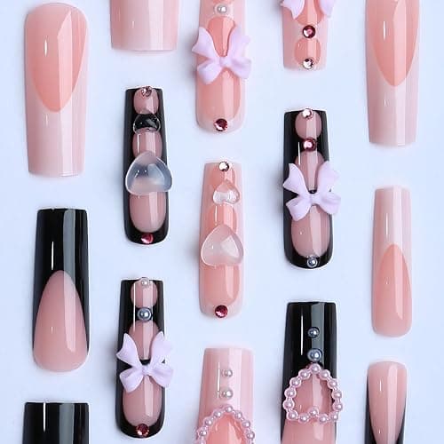 plalely Square Press on Nails Long Black and White Fake Nail Pink Bow with Heart Shape Water Drop Acrylic Nail Press ons Glossy Rhinestones Stick on Nail for Women 24pcs thumbnail 2