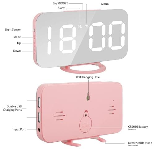 Lamisola Pink Digital Alarm Clock for Girls, Large LED Mirror Desk Clock, 2 USB Charging Ports, Nightstand Table Aesthetic Sleek Clocks Decor for Bedroom Office, Pink thumbnail 6