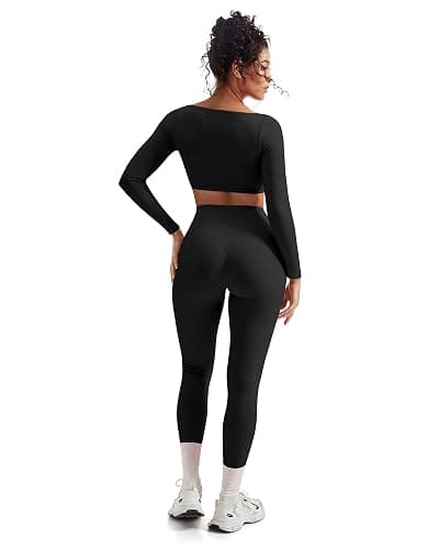 SUUKSESS Women 2 Piece Workout Sets Compression Tummy Control Leggings with Pockets Long Sleeve Square Neck Padded Crop Tops thumbnail 5