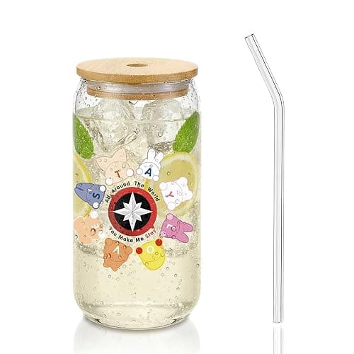 XIAZHDZ Korea Pop Merch 500 ml Glasbecher – Korea Pop Merch Fan Cup für STAYs | Glas mit Bambusdeckel & Glashalm Trinkbecher für Kaffee, Eistee & Bubble Tea - Image 1