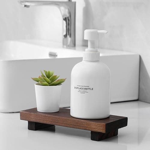 Bathroom Counter Organizer Wood Pedestal Stand Farmhouse Decorative Tray Soap Holder for Kitchen Decor, Small, Dark Brown thumbnail 2