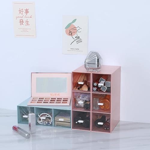 OSteed Desktop Drawers, Desk Organizer with 6 Drawers, Stackable Plastic Storage Box for Home Collection, Cosmetics, Jewelry, Office Supplies (2 Tall Layers, Pink) thumbnail 5