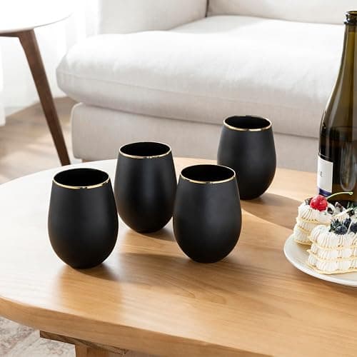 MyGift 18 oz Deluxe Art Deco Matte Black Stemless Wine Drinking Glasses with Gold Rim Accent, Cocktail Beverage Glass Drinkware Cups for Party Wedding, Set of 4 thumbnail 2