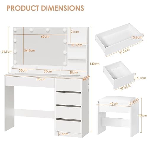 ANWBROAD Schminktisch mit LED Beleuchtung und Hocker, Glasplatte, Schminktisch mit Steckdosen und Großer Spiegel, Frisiertisch mit 5 Schubladen Offenen Regalen, Modern Weiß BDT74W thumbnail 2
