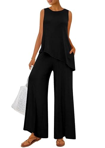 PRETTYGARDEN Women's 2026 Two Piece Matching Lounge Sets Asymmetrical Split Tank Tops Wide Leg Pants Summer Outfits Tracksuit - Image 1