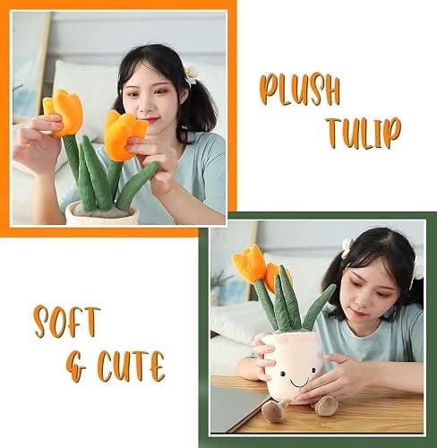 AULUDA Tulip Plush Toy, 13" Orange Flower Pot Stuffed Throw Plushie Pillow Doll, Soft Fluffy Plant Friend Hugging Cushion - Present for Every Age & Occasion thumbnail 3
