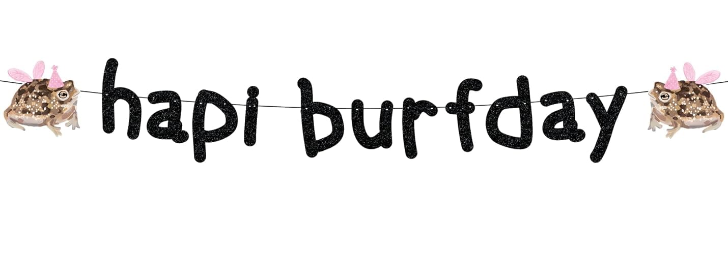 Happy Birthday Banner Pre-Strung Black Glitter Funny Hapi Burfday Birthday Decorations for Frog Lovers Bday Party Decor - Image 1