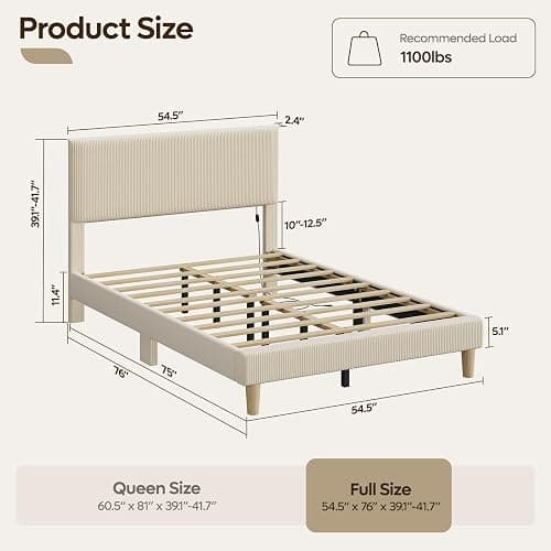 Bestier Full Bed Frame with Adjustable Headboard, LED Lighting, Vertical Channel Tufted Corduroy Upholstered, Solid Wooden Slats Support, No Box Spring Needed, Never Squeaks, Easy Assembly, Beige thumbnail 2