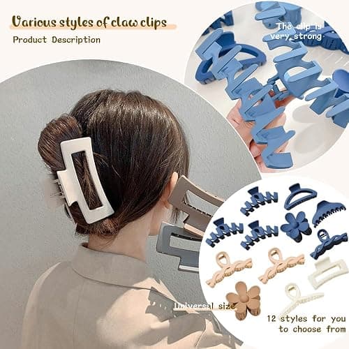 12 Pcs Claw Clips, Multi-Shapes Hair Clips for Women, Non-Slip Large Jaw Claw Clips for Thick Thin Curly Hair Accessories (Blue) thumbnail 4