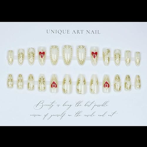 LPOODDNU Almond 3D Gilding Press on Nails - Medium Fake Nails with Gold Flower and Red Heart Designs, Glossy Finished Reusable False Nails with Adhesive Glue Tabs - 24Pcs Nail Kit for Women Manicure thumbnail 4