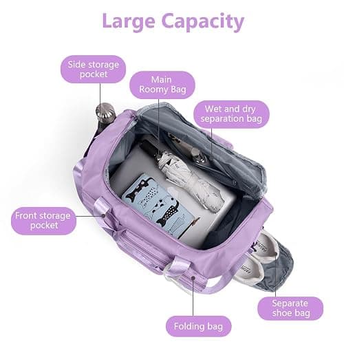 Foldable Travel Duffel With Wet and Dry Separation - Lightweight Large Capacity Holdall for Gym, Sports, Hospital, Overnight Weekend - Purple thumbnail 4