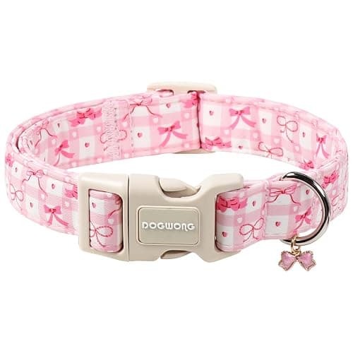 DOGWONG Pink Plaid Dog Collar-Cute Pink Bowtie Print Dog Collar, Adjustable Cotton Girl Female Pet Collar with Quick Release Buckle,S - Image 1