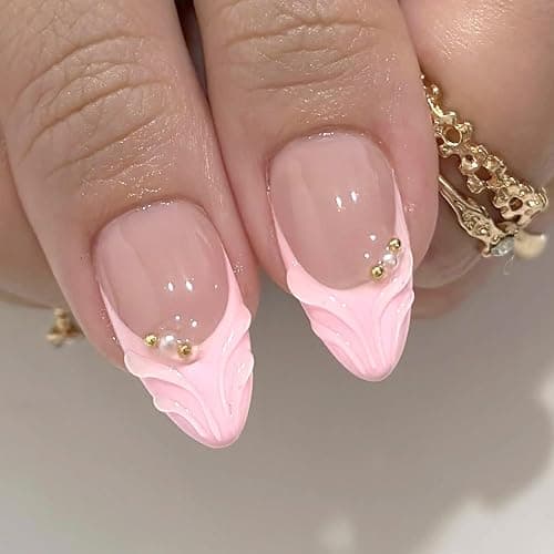 24Pcs French Tip Press on Nails Medium Almond Fake Nails 3D Flowers Gold Bead Design Glossy Pink French Nails Full Cover Press Ons Stick on Nail for Women Handmade Nails Cute False Fingertips thumbnail 3