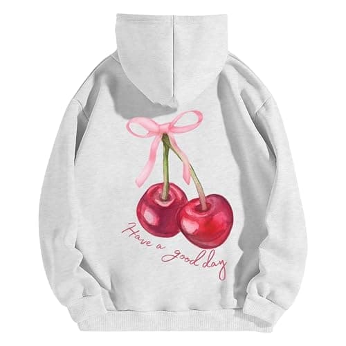 Tuislay Womens Cute Cherry Graphic Hoodie Ribbon Bow Printed Sweatshirt Drop Shoulder Aesthetic Pullover Hoodies With Pocket - Image 1