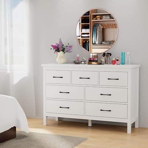 JOZZBY White Dresser for Bedroom with 7 Drawers, Modern Deep Drawer Dresser with Golden Handles, Wooden Storage Organizer Chest of Drawers for Office, Hallway thumbnail 4