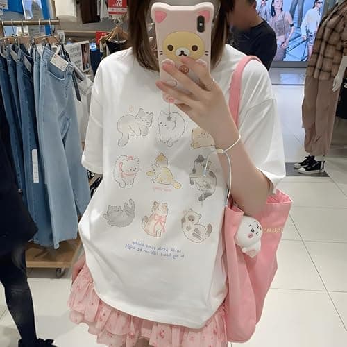 RILGOU Harajuku Kawaii Goth Casual Loose Style Soft Short Sleeve Crewneck Cute Cartoon Cats Shop Print T-Shirt thumbnail 2