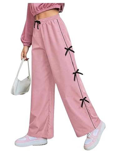WDIRARA Girl's Bow Side Waist Track Pants Cute Wide Leg Trousers - Image 1