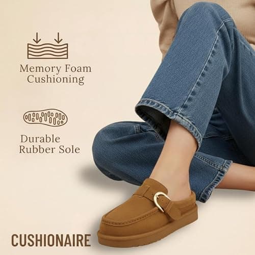 CUSHIONAIRE Origin Genuine Suede Mule Clogs for Women, Cozy Slip-On Moc Toe Loafer with Buckle and Faux Fur Cushioned Footbed thumbnail 6