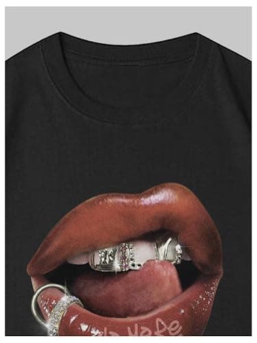 Verdusa Women's Lips Print Graphic Tees Y2k T Shirts Summer Crew Neck Vintage Going Out Tops thumbnail 3