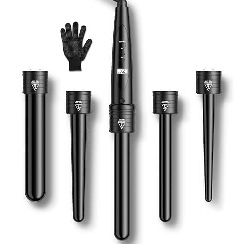 Lockenstab 5 in 1 LCD Keramikbeschichtung Multifunktions Austauschbare Welleneisen mit Handschuhe Lockenwickler Kit ET-W301 - Black - Image 1