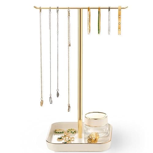 Jewelry Holder Stand with Ceramic Base: 12" Tall Necklace Organizer Rack, Tree Design Display Storage for Necklaces, Bracelets, Rings, Earrings, Aesthetic Room Décor for Girls and Women, Gold - Image 1