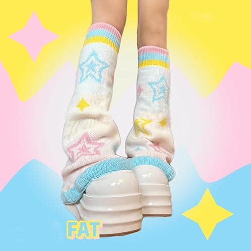 LIURONGNI Candy Color Rainbow Reversible Flared Leg Warmers with Sweet Star Pattern for Women Aesthetic Knitted Foot Covers Socks thumbnail 4
