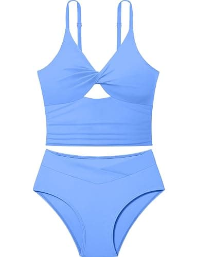 Doumlop Girls Swimsuit Color Block Girls Bathing Suit Twist Tankini Set Two Piece Girl Swimwear Bikini Set for 9-16 Years - Image 1