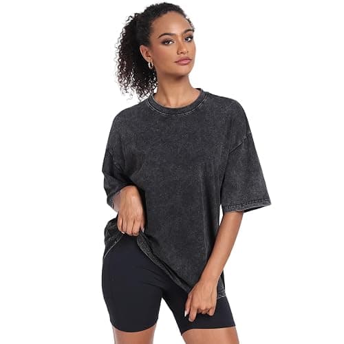 Womens Vintage Oversized T Shirts Acid Washed Baggy Cotton Tee Casual Workout Boyfriend Short Sleeve Tops thumbnail 2