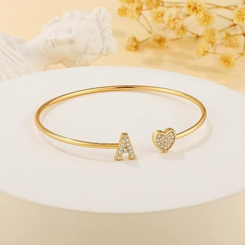 BRIJEWLIC Gold Bracelets for Women Teen Girls, 14K Gold Plated Initial Heart Bangle Bracelet thumbnail 7