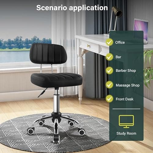 BFTOU Black Square Swivel Stool with Wheel for Work SPA Shop Massage Height-Adjustable and Cost-Effective Rolling Stool Chair with Back thumbnail 3