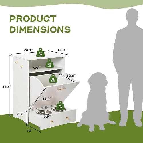 TITIMO Pet Feeder Station,Dog Food Storage Cabinet Container with 2 Pull Out Dog Elevated Bowls and Hanger,Pet Toy Storage Organizer,Feeding & Watering Pet Supplies (White) thumbnail 7