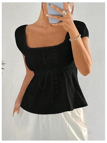 SHENHE Women's Babydoll Top Square Neck Cap Sleeve Empire Waist Cute Lace Eyelet Baby Doll Peplum Top Tshirt thumbnail 4