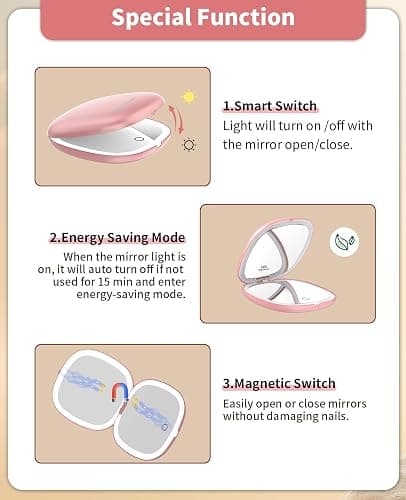 WOBSION Rechargeable Lighted Travel Makeup Mirror,1x/10x Compact Magnifying Mirror with Lights,Portable for Bag,4inch,Gift,Rose Gold thumbnail 4