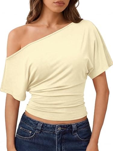 Trendy Queen Off the Shoulder Tops for Women 2026 Summer Short Sleeve Shirts Casual Cute Spring Clothes Y2k T Shirts - Image 1