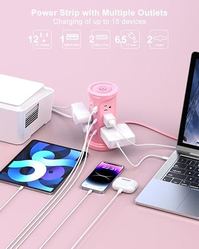 Tower Power Strip Surge Protector with 12 Outlets 3 USB Ports(2 Type C), 6.5 FT Ultra Flat Extension Cord with Multiple Outlets, Flat Plug Outlet Extender with Screw Wall Mount for Home Office Dorm thumbnail 2