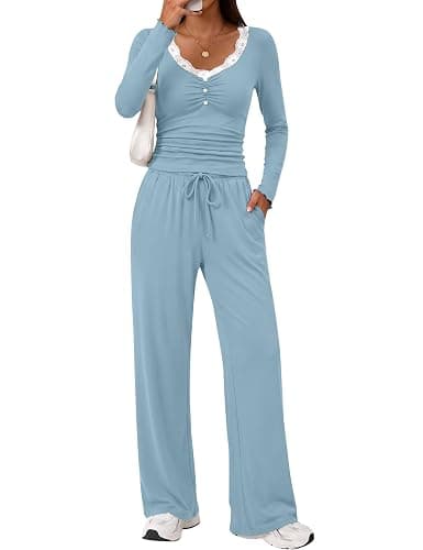 Blingfit Women's 2 Piece Lounge Set Fall Matching Wide Leg Pants Outfits | V Neck Tops,Drawstring Pants with Pockets,Airport Travel Outfit,Fall Casual Two Piece Sets,Winter Long Sleeve Sets - Image 1