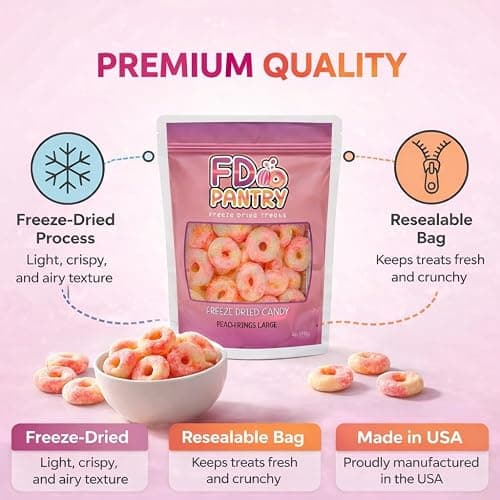 Freeze Dried Peach Rings Candy - Crunchy & Sweet, Large 7 oz Resealable Bag for Freshness, Gift & Snack - Large bag Freeze-Dried Gummy Candies thumbnail 6