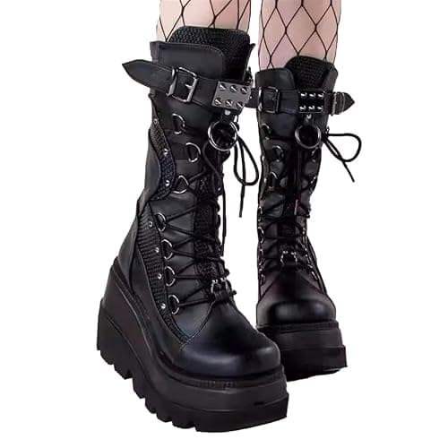 XYKHUI Womens Gothic Punk Platform Boots Chunky Wedge Heel Combat Boots Lace-Up and Zipper Round Toe Mid Calf Motorcycle Boot thumbnail 5