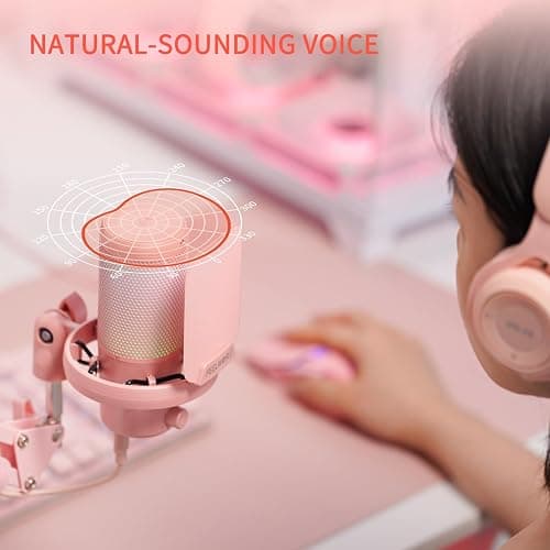 FEELWORLD VM1 Pink USB Gaming Condenser Microphone for pc, Boom Arm Stand | Noise Cancellation, Mute, RGB Light, Gaming Equipemnt, for Gifts YouTube Twitch Podcast Streaming Recording thumbnail 6