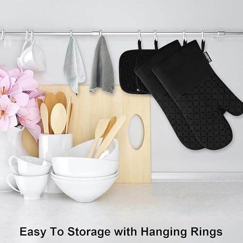 KEGOUU Oven Mitts and Pot Holders 6pcs Set, Kitchen Oven Glove High Heat Resistant 500 Degree Extra Long Oven Mitts and Potholder with Non-Slip Silicone Surface for Cooking (Black) thumbnail 2