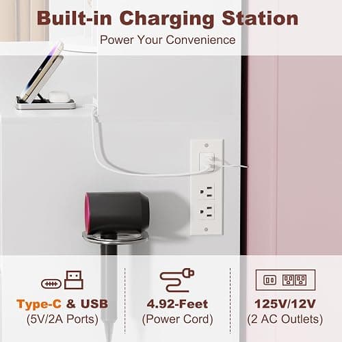 EasyCom Vanity Desk with Rotating Jewelry Organizers, Makeup Vanity with Mirror and Lights, Dressing Table with USB-C Charging Station, 3 Drawers and 2 Cabinets for Bedroom, Dressing Room, White thumbnail 7